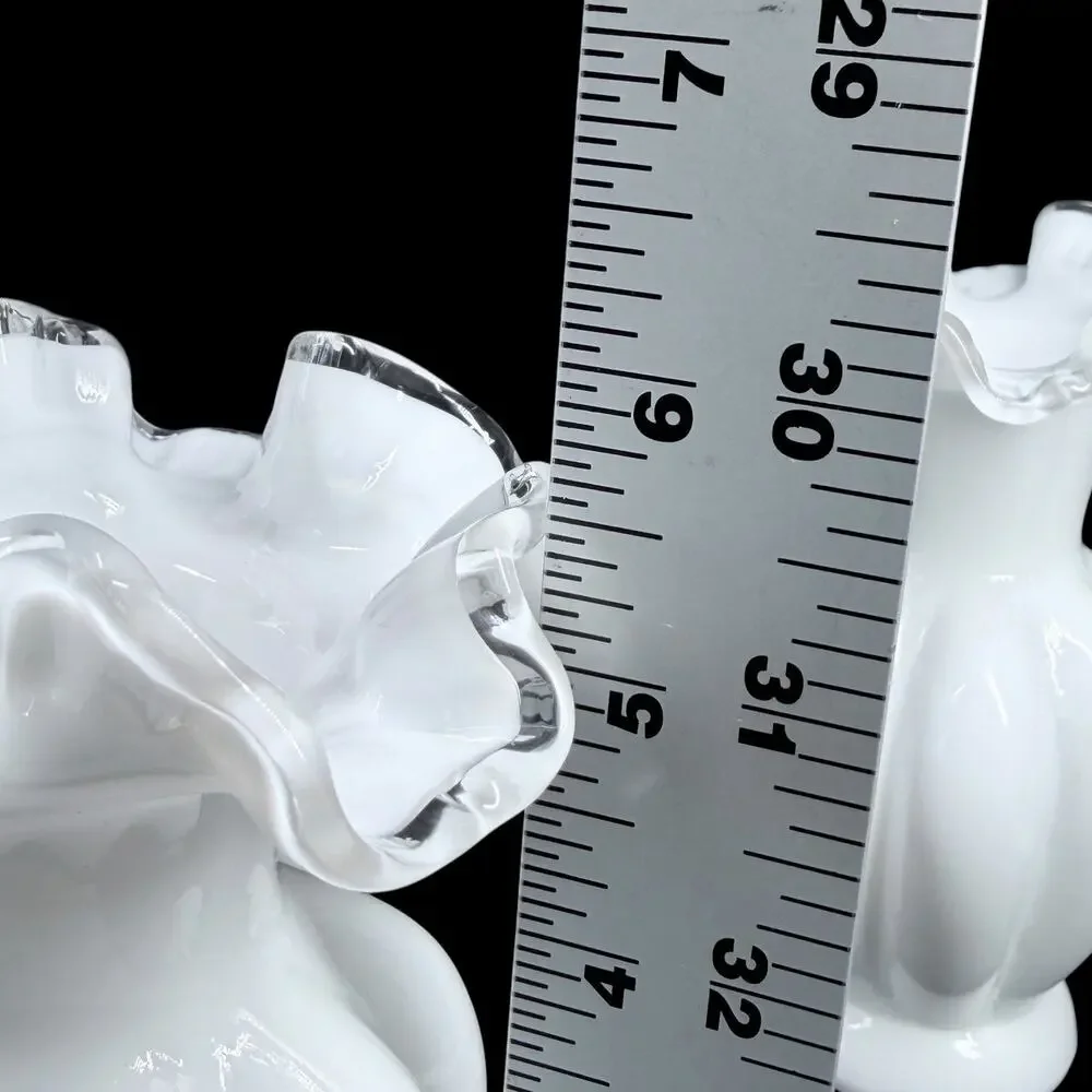 Vtg Fenton White Milk Glass Vase Clear Silver Crest Ruffled Rim Set of 2 Small
